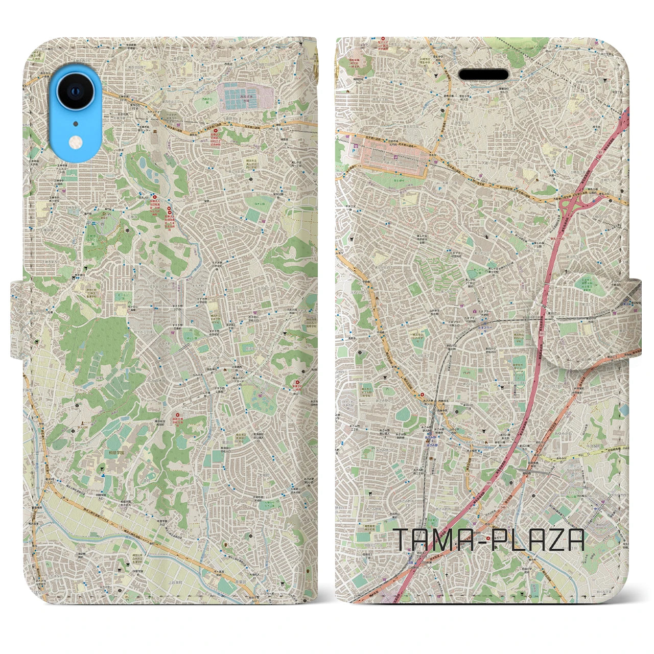 【たまプラーザ】地図柄iPhoneケース（手帳両面タイプ・ナチュラル）iPhone XR 用