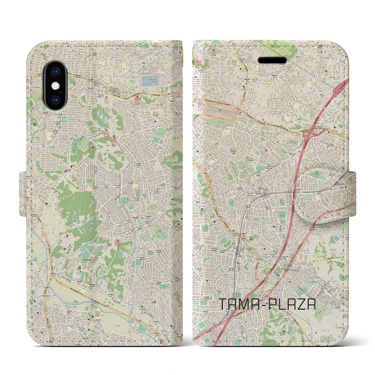 【たまプラーザ】地図柄iPhoneケース（手帳両面タイプ・ナチュラル）iPhone XS / X 用