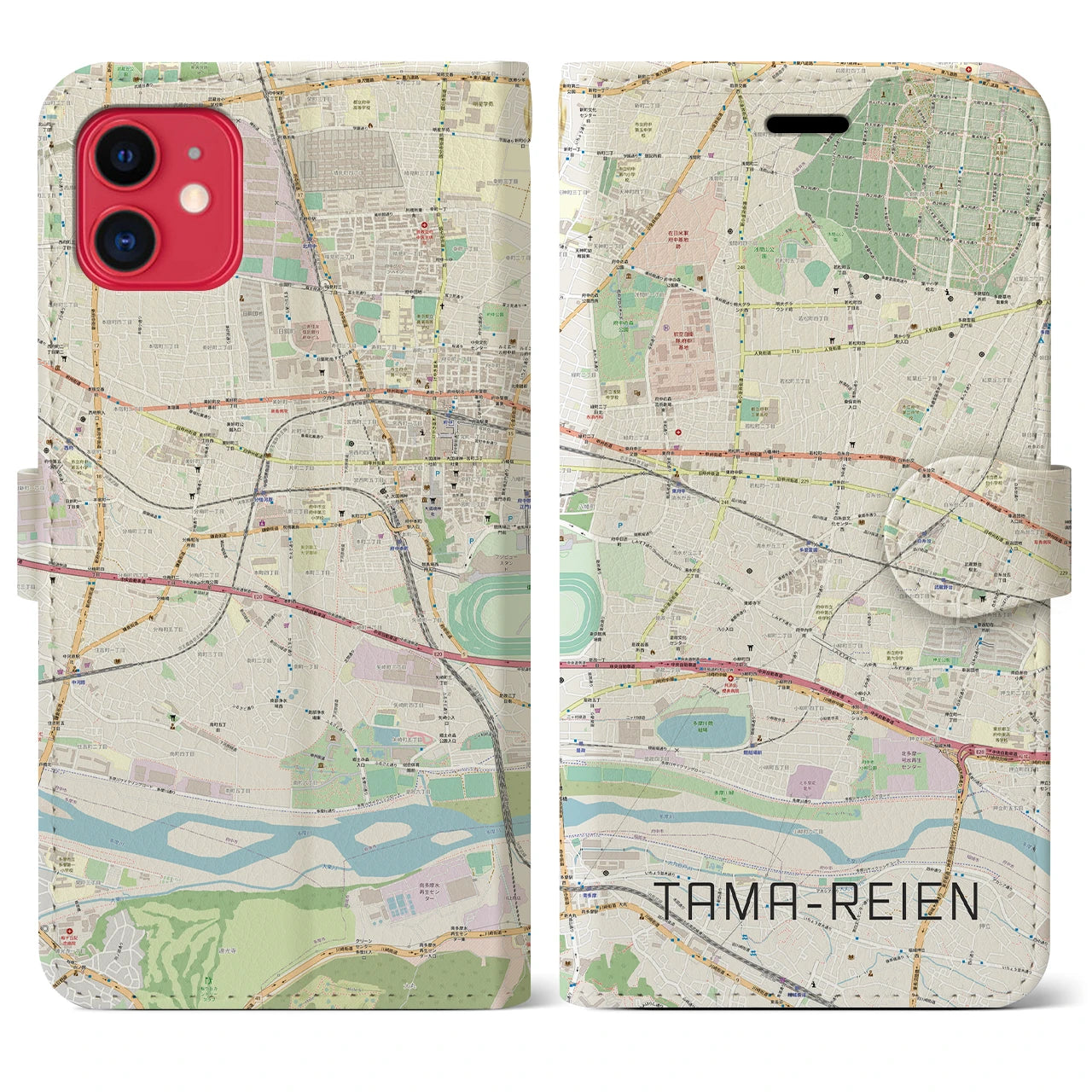 【多磨霊園】地図柄iPhoneケース（手帳両面タイプ・ナチュラル）iPhone 11 用