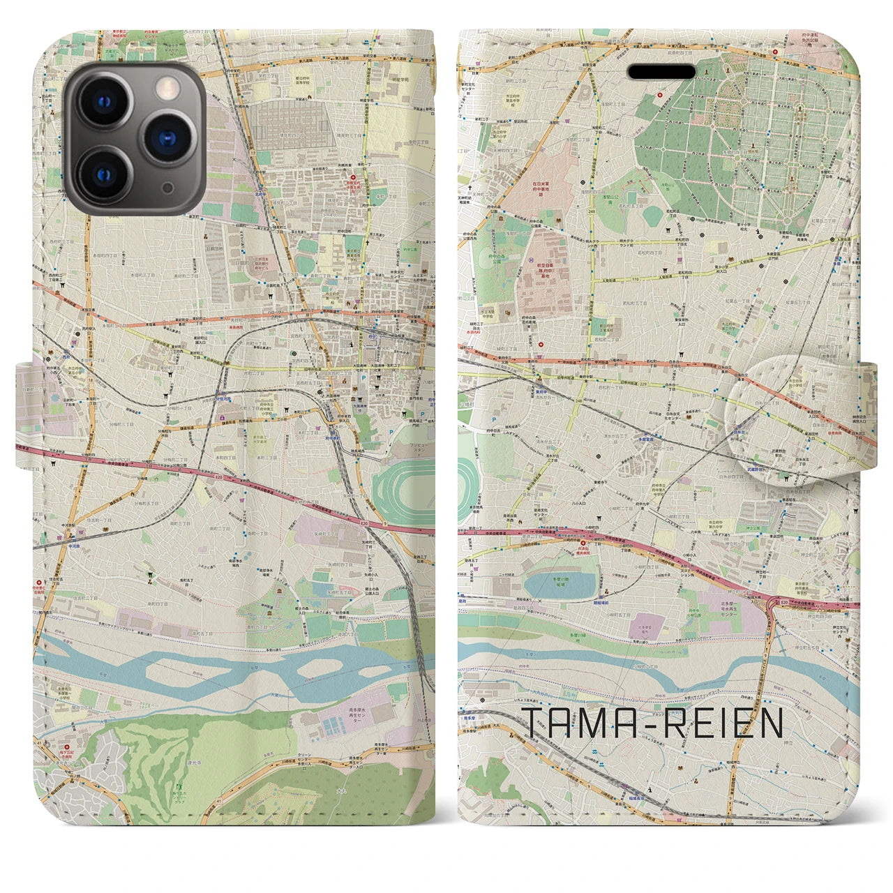 【多磨霊園】地図柄iPhoneケース（手帳両面タイプ・ナチュラル）iPhone 11 Pro Max 用