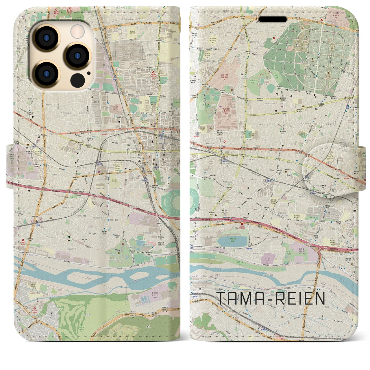 【多磨霊園】地図柄iPhoneケース（手帳両面タイプ・ナチュラル）iPhone 12 Pro Max 用