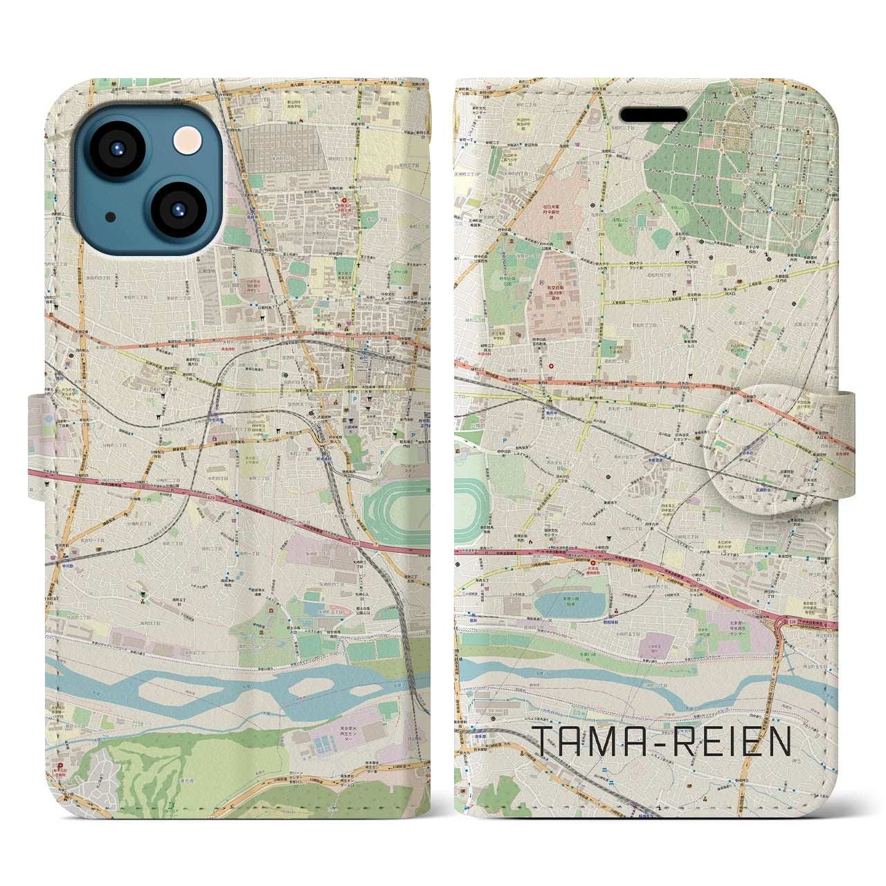 【多磨霊園】地図柄iPhoneケース（手帳両面タイプ・ナチュラル）iPhone 13 用