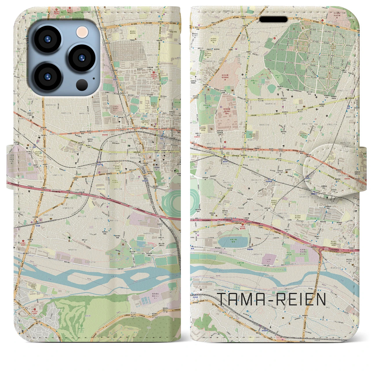 【多磨霊園】地図柄iPhoneケース（手帳両面タイプ・ナチュラル）iPhone 13 Pro Max 用