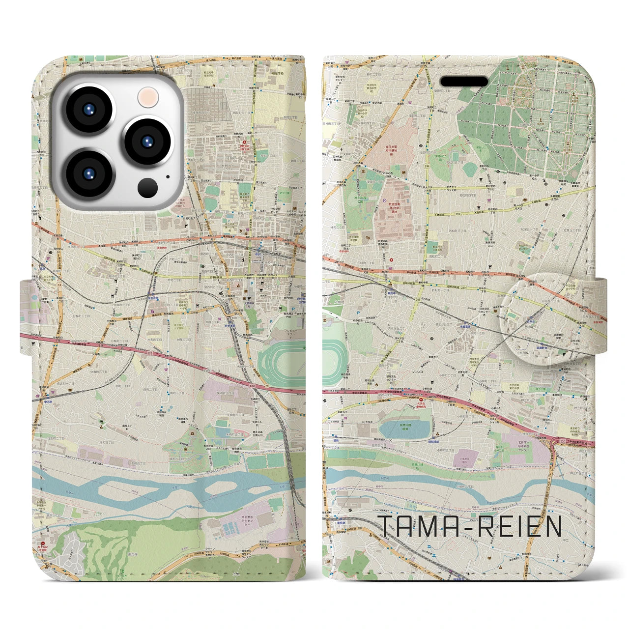 【多磨霊園】地図柄iPhoneケース（手帳両面タイプ・ナチュラル）iPhone 13 Pro 用