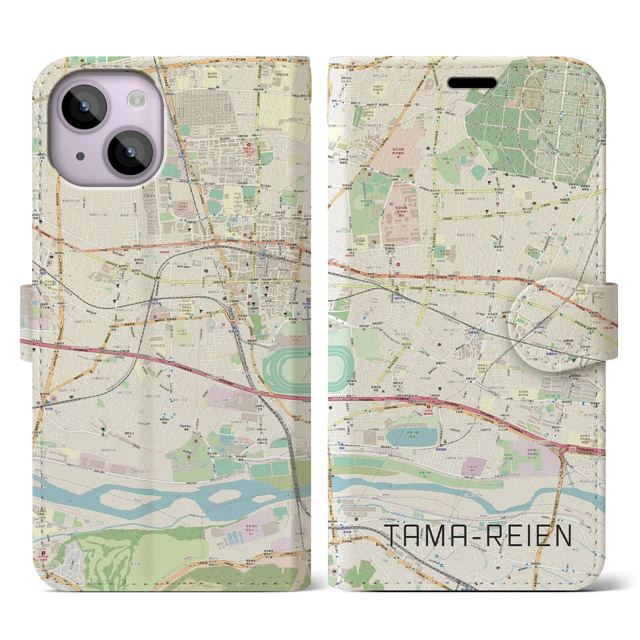 【多磨霊園】地図柄iPhoneケース（手帳両面タイプ・ナチュラル）iPhone 14 用