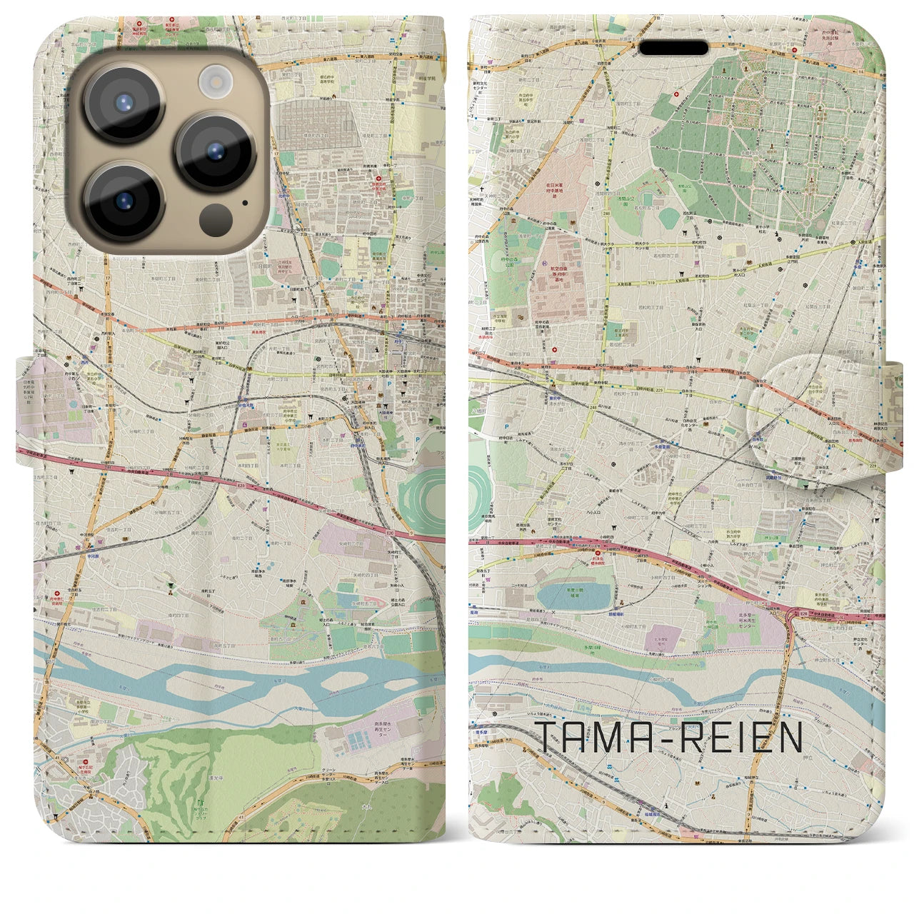 【多磨霊園】地図柄iPhoneケース（手帳両面タイプ・ナチュラル）iPhone 14 Pro Max 用