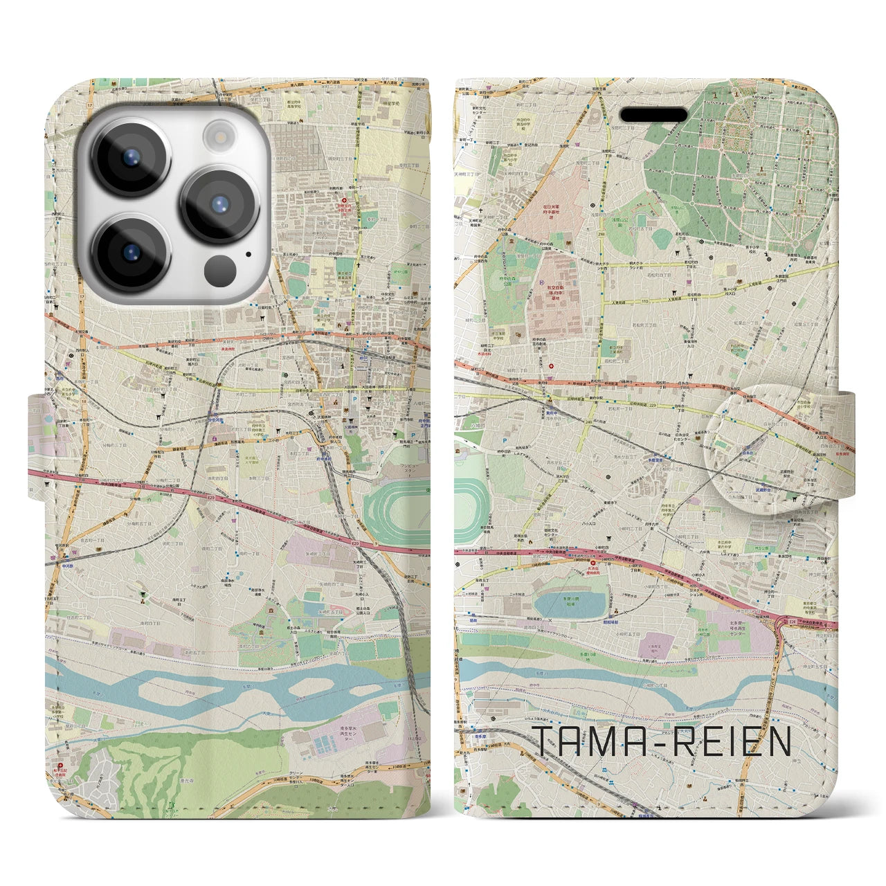 【多磨霊園】地図柄iPhoneケース（手帳両面タイプ・ナチュラル）iPhone 14 Pro 用