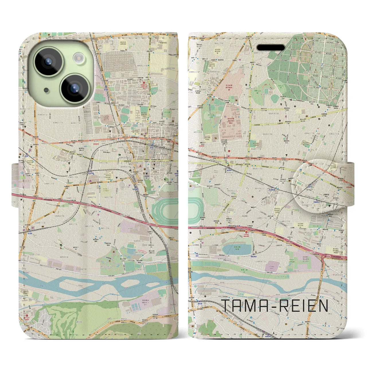 【多磨霊園】地図柄iPhoneケース（手帳両面タイプ・ナチュラル）iPhone 15 用