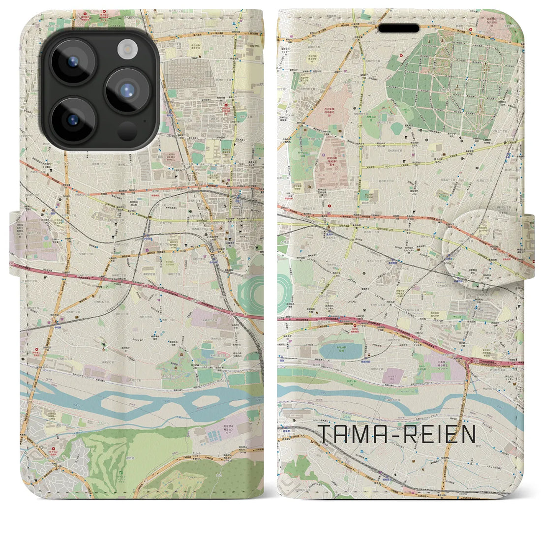 【多磨霊園】地図柄iPhoneケース（手帳両面タイプ・ナチュラル）iPhone 15 Pro Max 用
