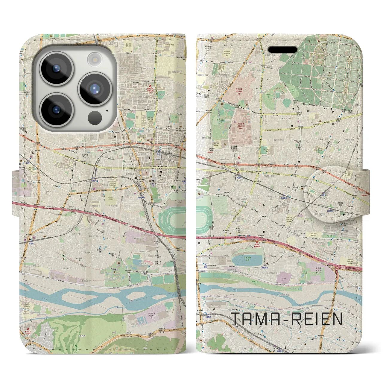 【多磨霊園】地図柄iPhoneケース（手帳両面タイプ・ナチュラル）iPhone 15 Pro 用