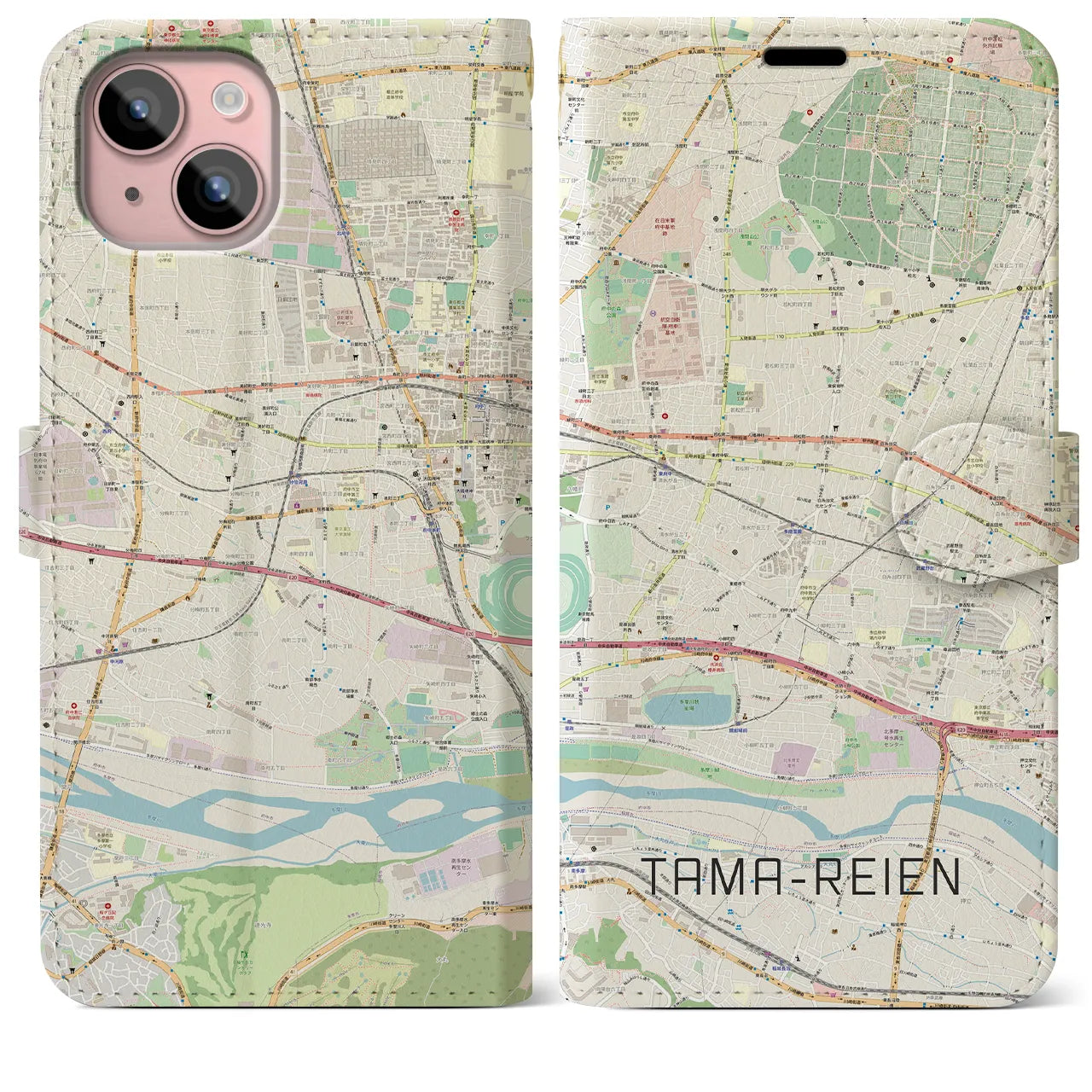 【多磨霊園】地図柄iPhoneケース（手帳両面タイプ・ナチュラル）iPhone 15 Plus 用