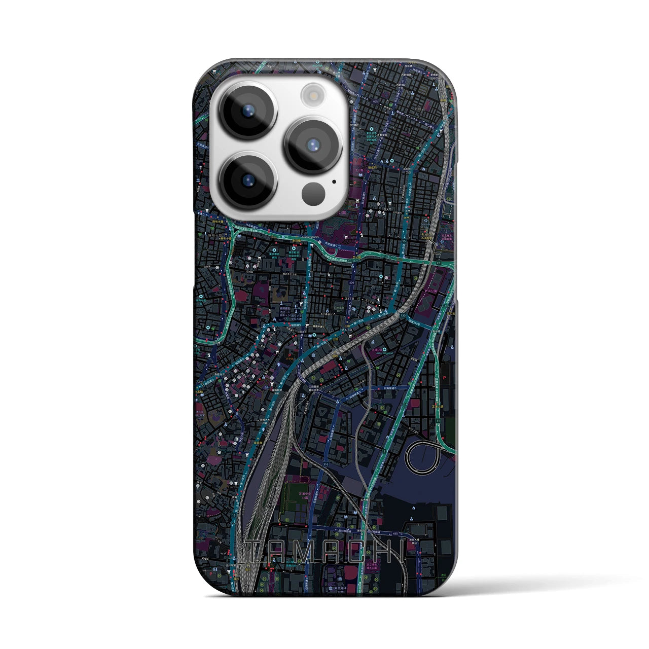 【田町】地図柄iPhoneケース（バックカバータイプ・ブラック）iPhone 14 Pro 用