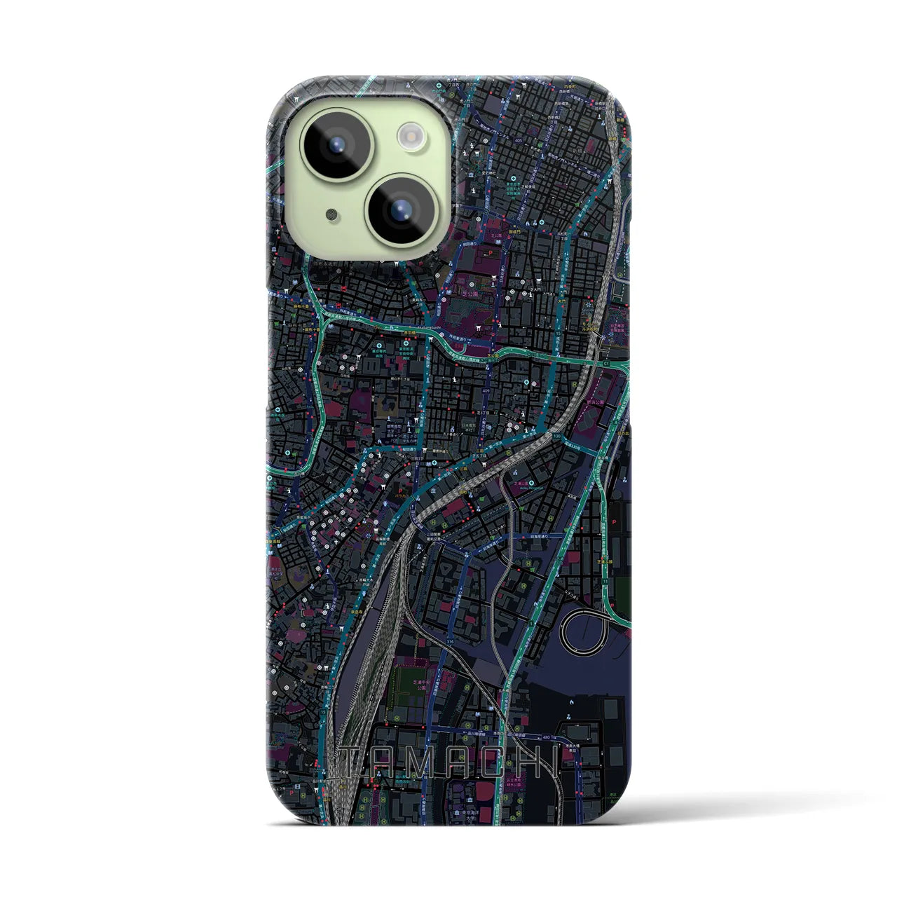【田町】地図柄iPhoneケース（バックカバータイプ・ブラック）iPhone 15 用