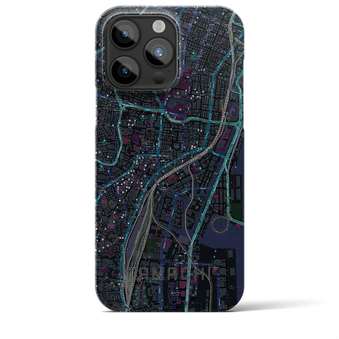 【田町】地図柄iPhoneケース（バックカバータイプ・ブラック）iPhone 15 Pro Max 用