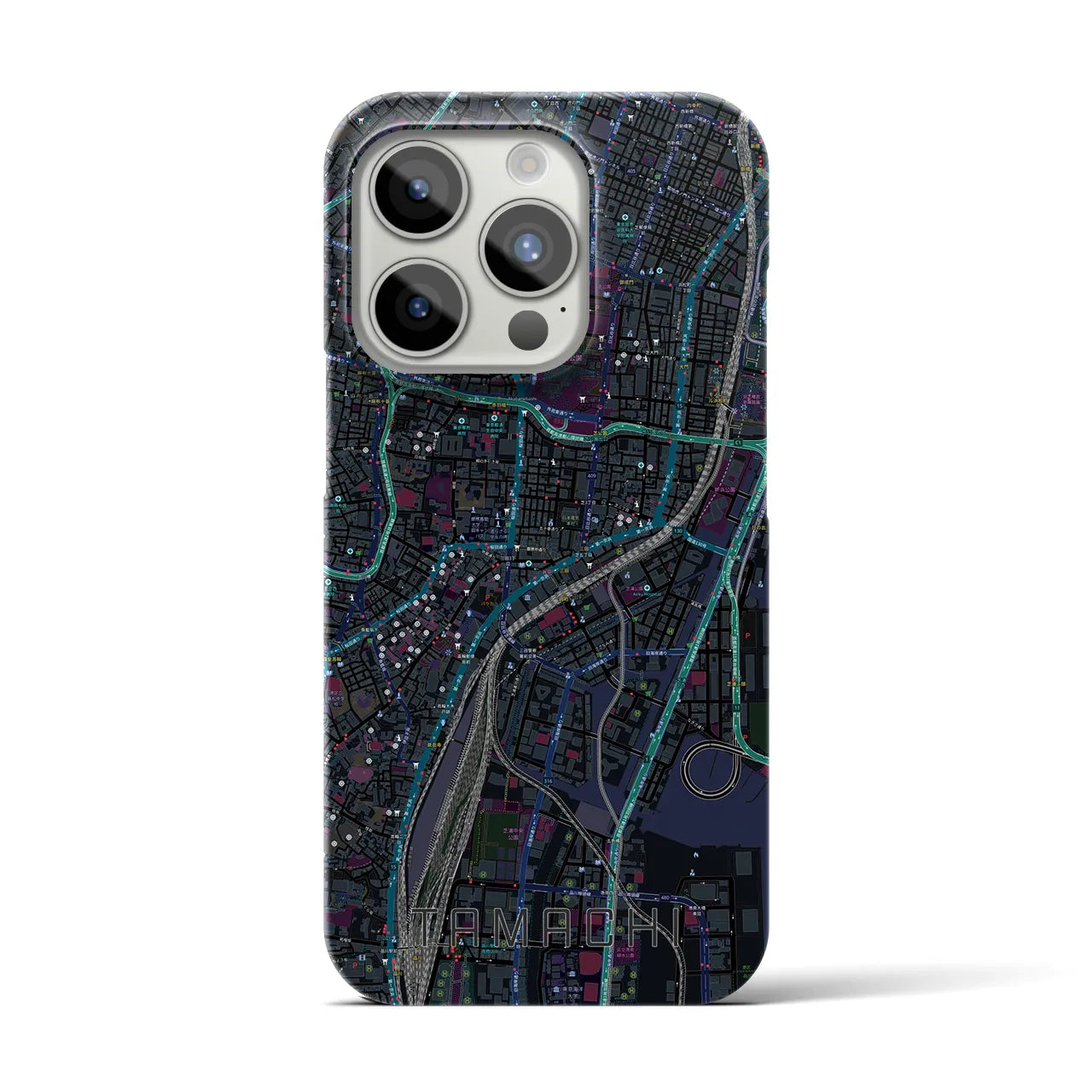 【田町】地図柄iPhoneケース（バックカバータイプ・ブラック）iPhone 15 Pro 用