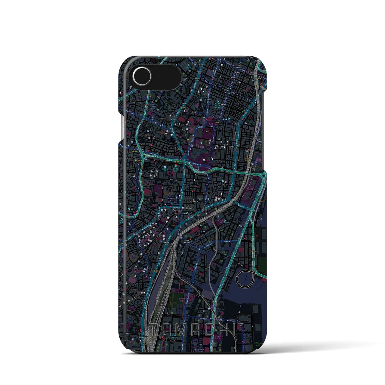 【田町】地図柄iPhoneケース（バックカバータイプ・ブラック）iPhone SE（第3 / 第2世代） / 8 / 7 / 6s / 6 用