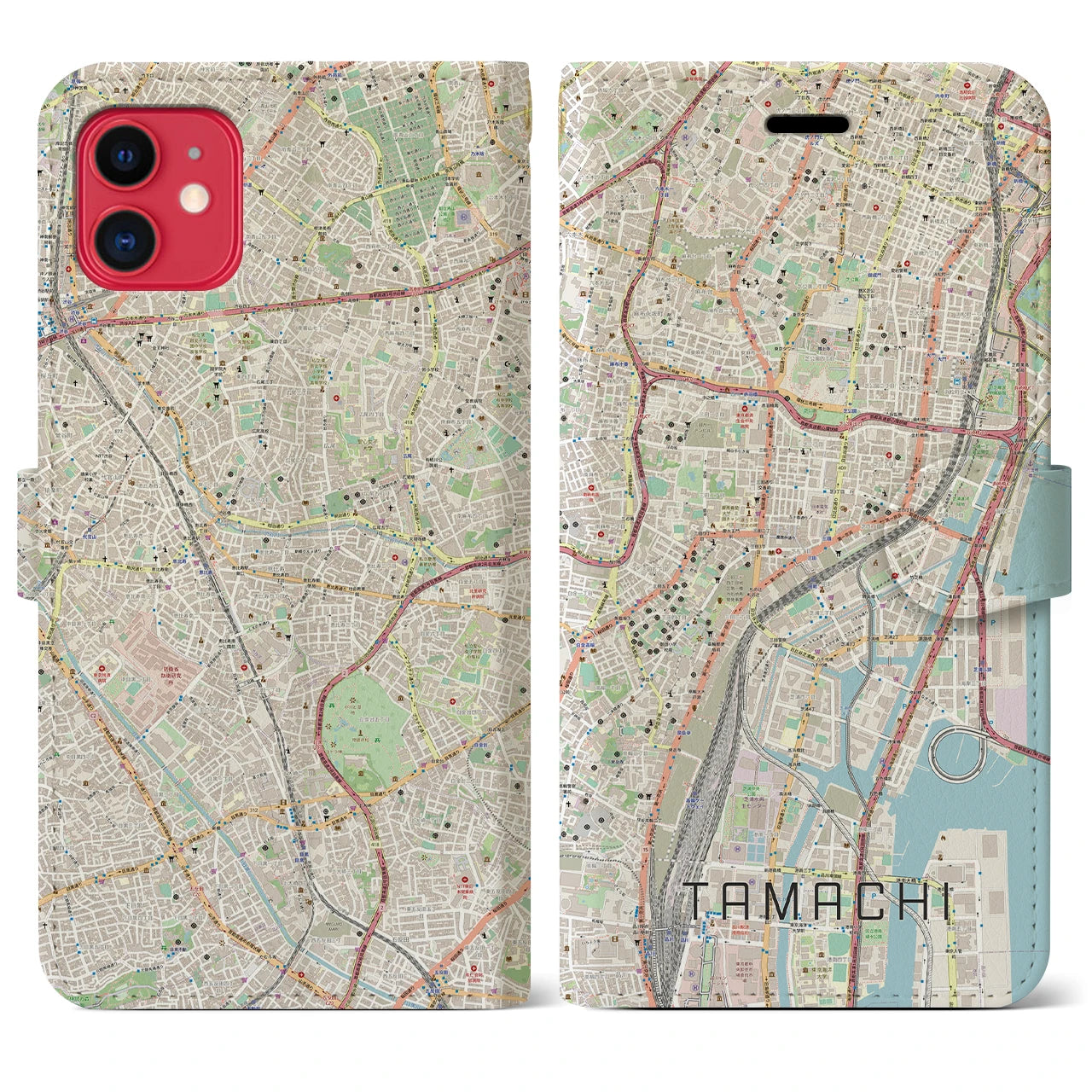 【田町】地図柄iPhoneケース（手帳両面タイプ・ナチュラル）iPhone 11 用