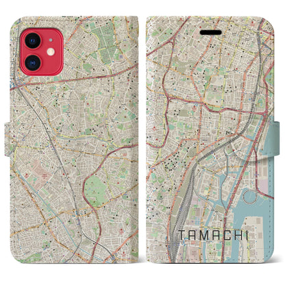 【田町（東京都）】地図柄iPhoneケース（手帳タイプ）ナチュラル・iPhone 11 用