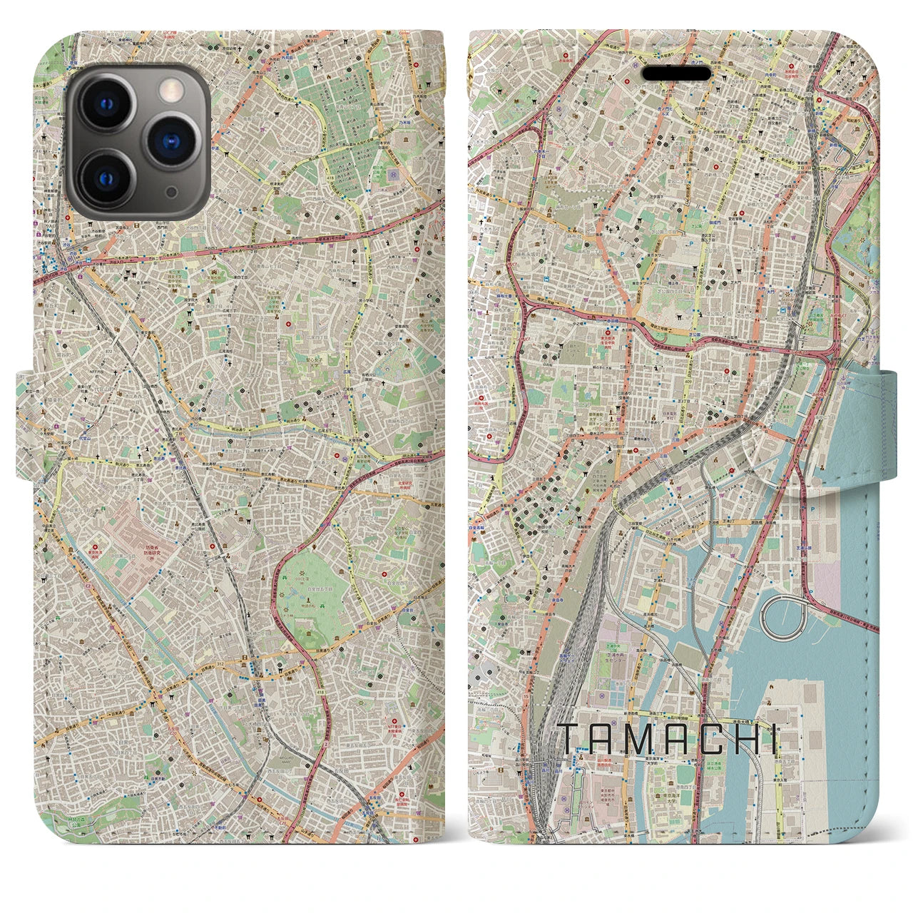 【田町】地図柄iPhoneケース（手帳両面タイプ・ナチュラル）iPhone 11 Pro Max 用