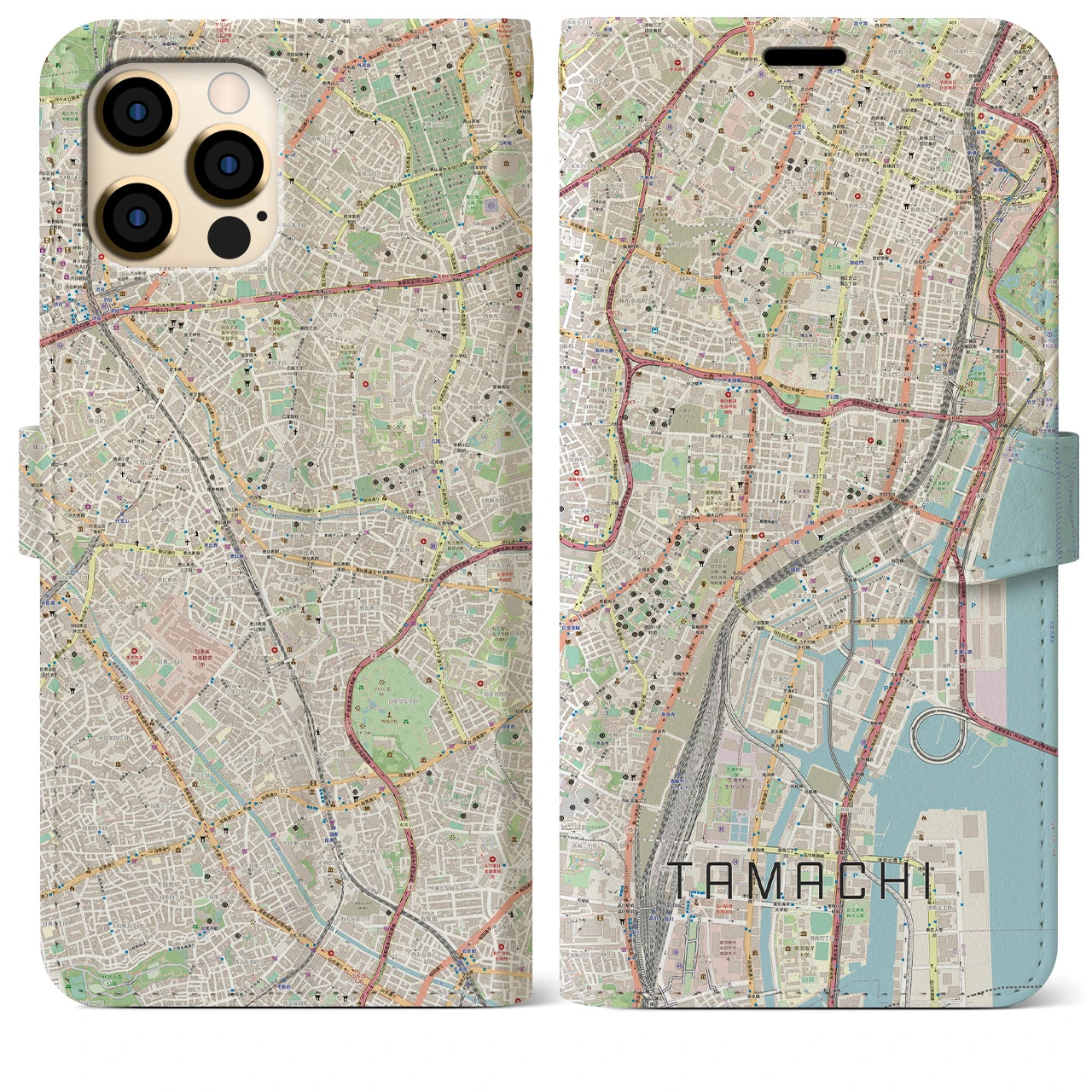 【田町（東京都）】地図柄iPhoneケース（手帳タイプ）ナチュラル・iPhone 12 Pro Max 用