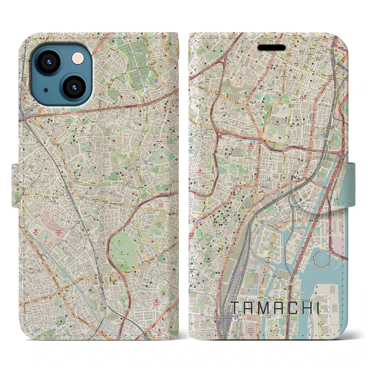【田町】地図柄iPhoneケース（手帳両面タイプ・ナチュラル）iPhone 13 用