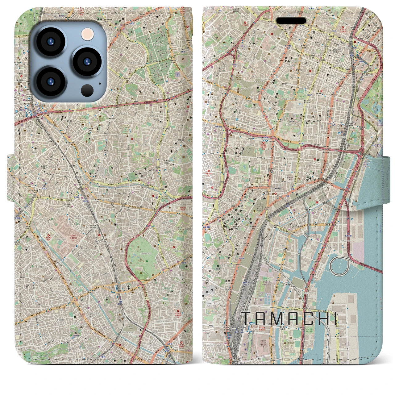 【田町】地図柄iPhoneケース（手帳両面タイプ・ナチュラル）iPhone 13 Pro Max 用