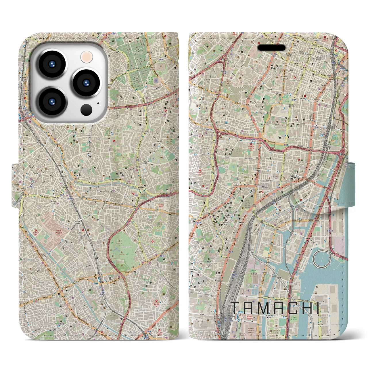 【田町】地図柄iPhoneケース（手帳両面タイプ・ナチュラル）iPhone 13 Pro 用