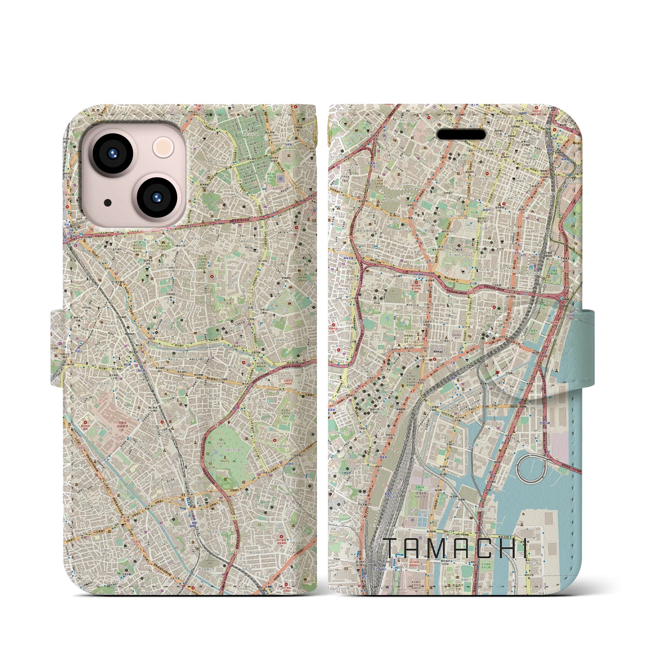 【田町】地図柄iPhoneケース（手帳両面タイプ・ナチュラル）iPhone 13 mini 用