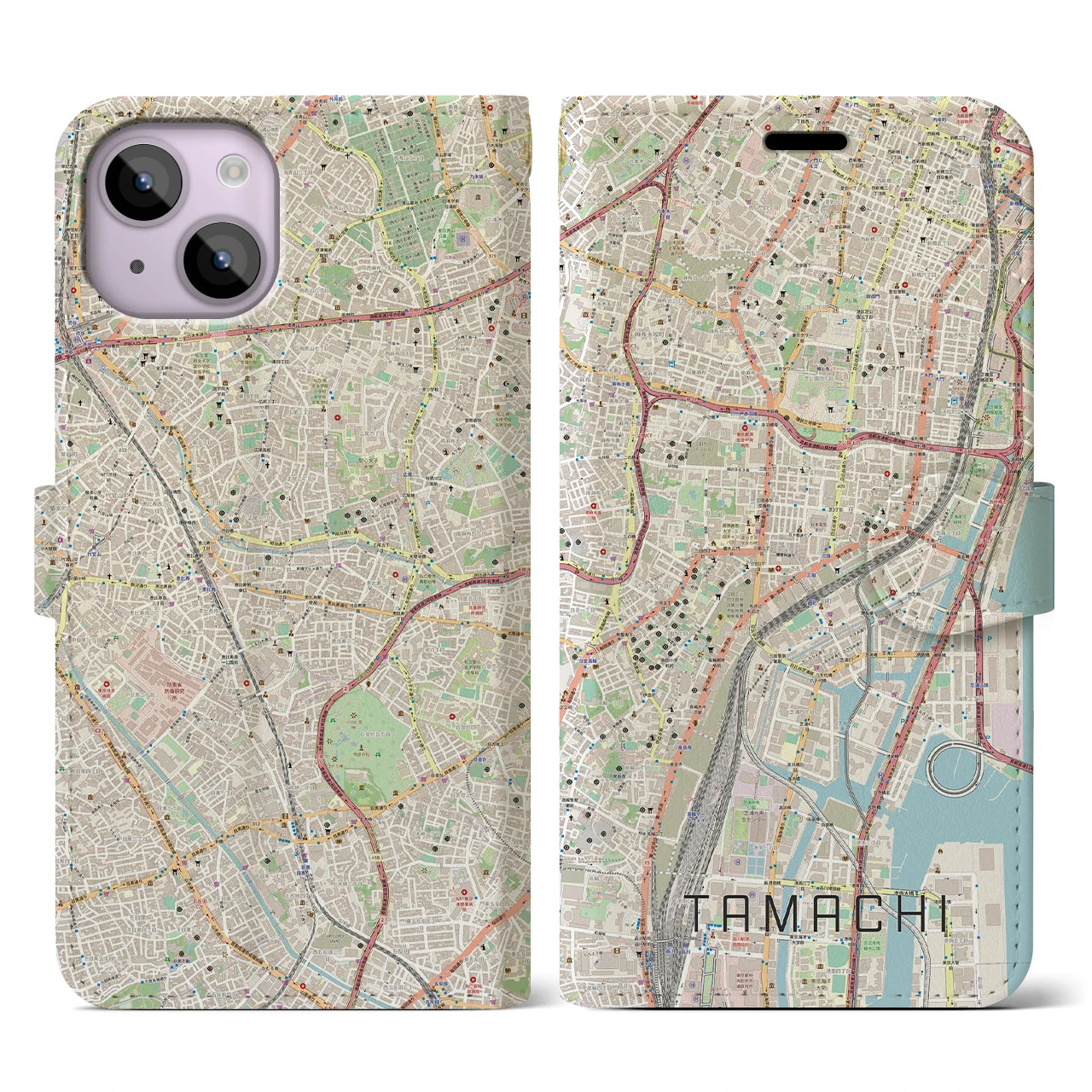 【田町】地図柄iPhoneケース（手帳両面タイプ・ナチュラル）iPhone 14 用