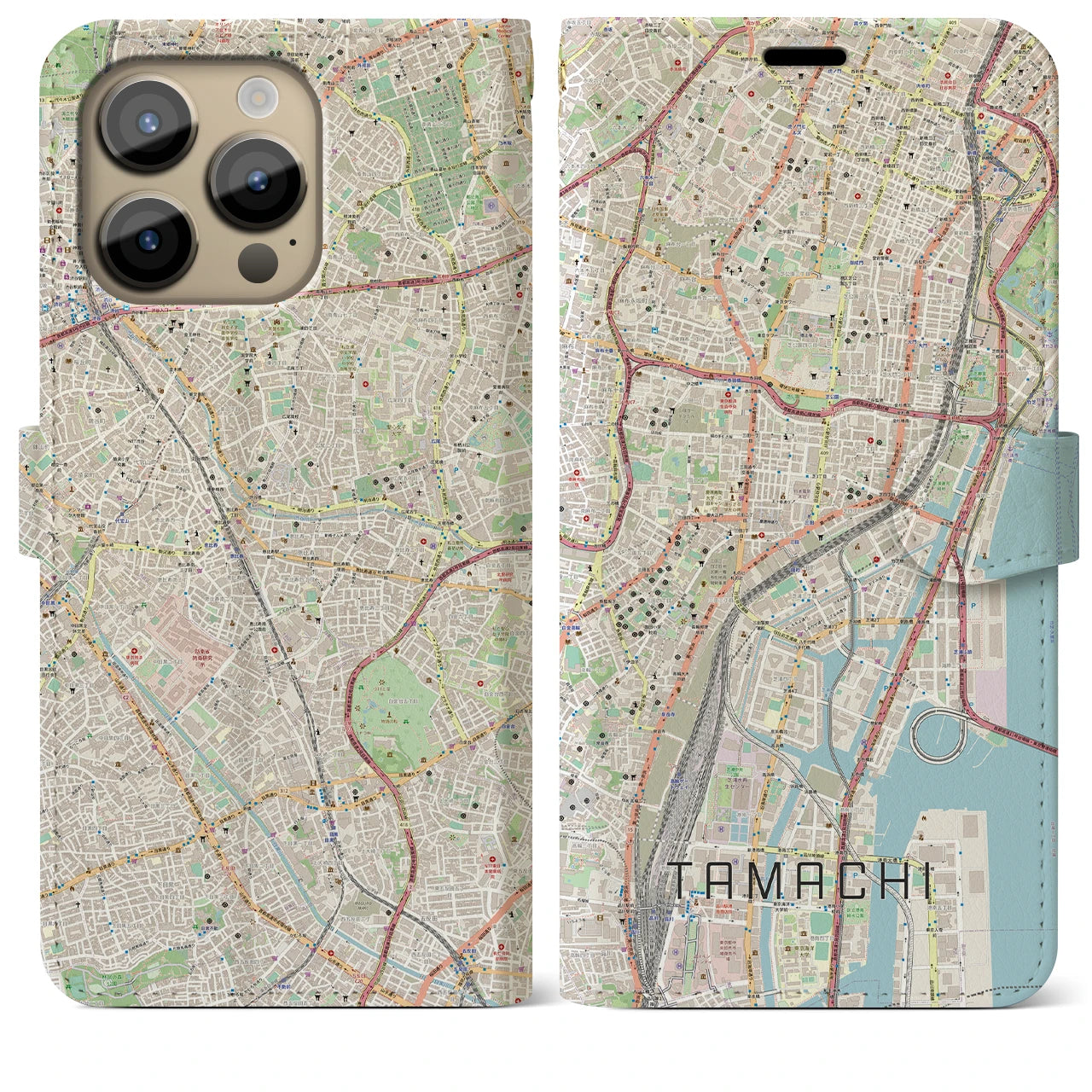【田町】地図柄iPhoneケース（手帳両面タイプ・ナチュラル）iPhone 14 Pro Max 用