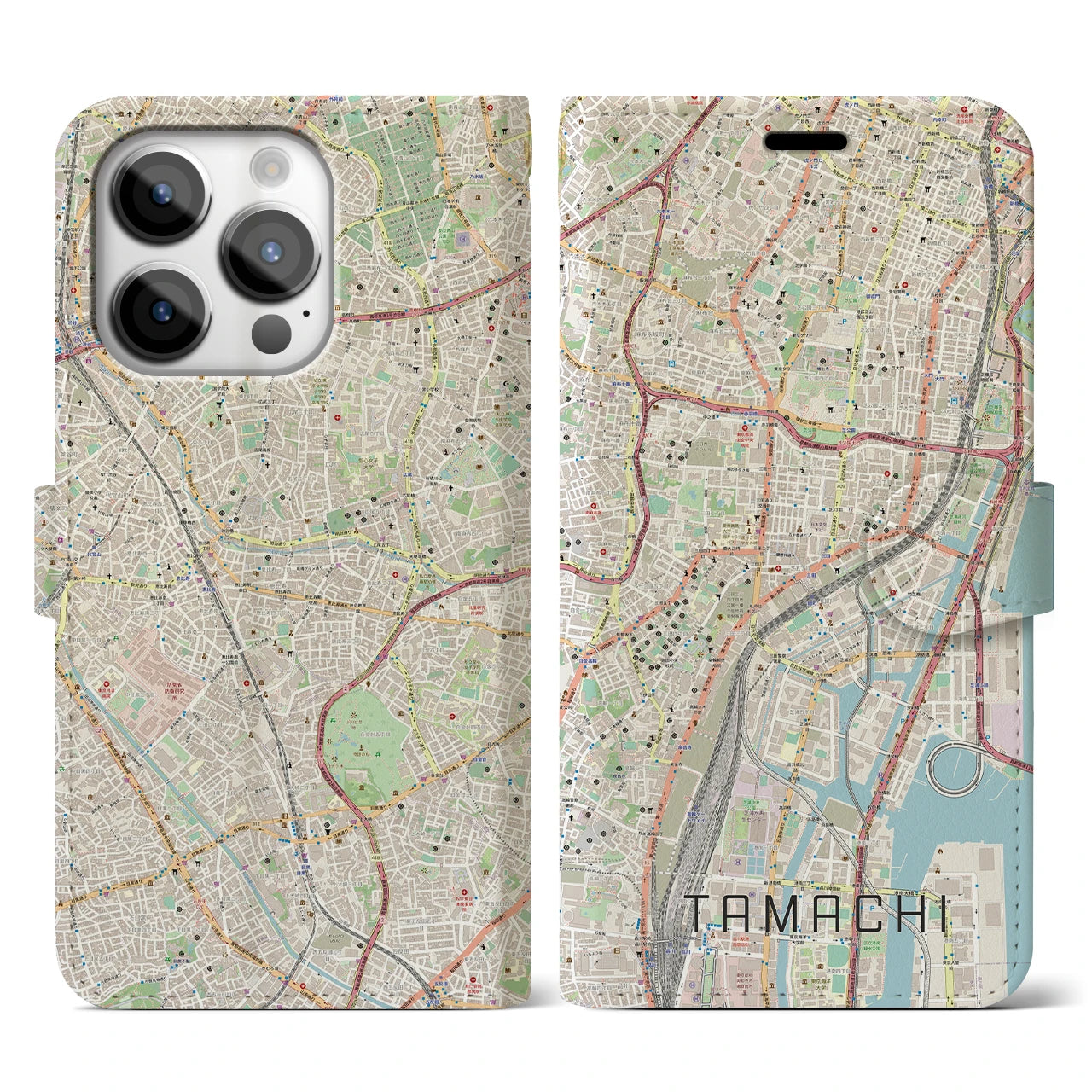 【田町】地図柄iPhoneケース（手帳両面タイプ・ナチュラル）iPhone 14 Pro 用