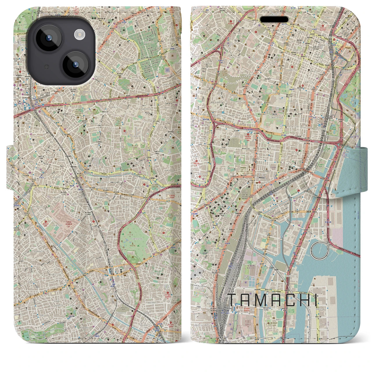 【田町】地図柄iPhoneケース（手帳両面タイプ・ナチュラル）iPhone 14 Plus 用