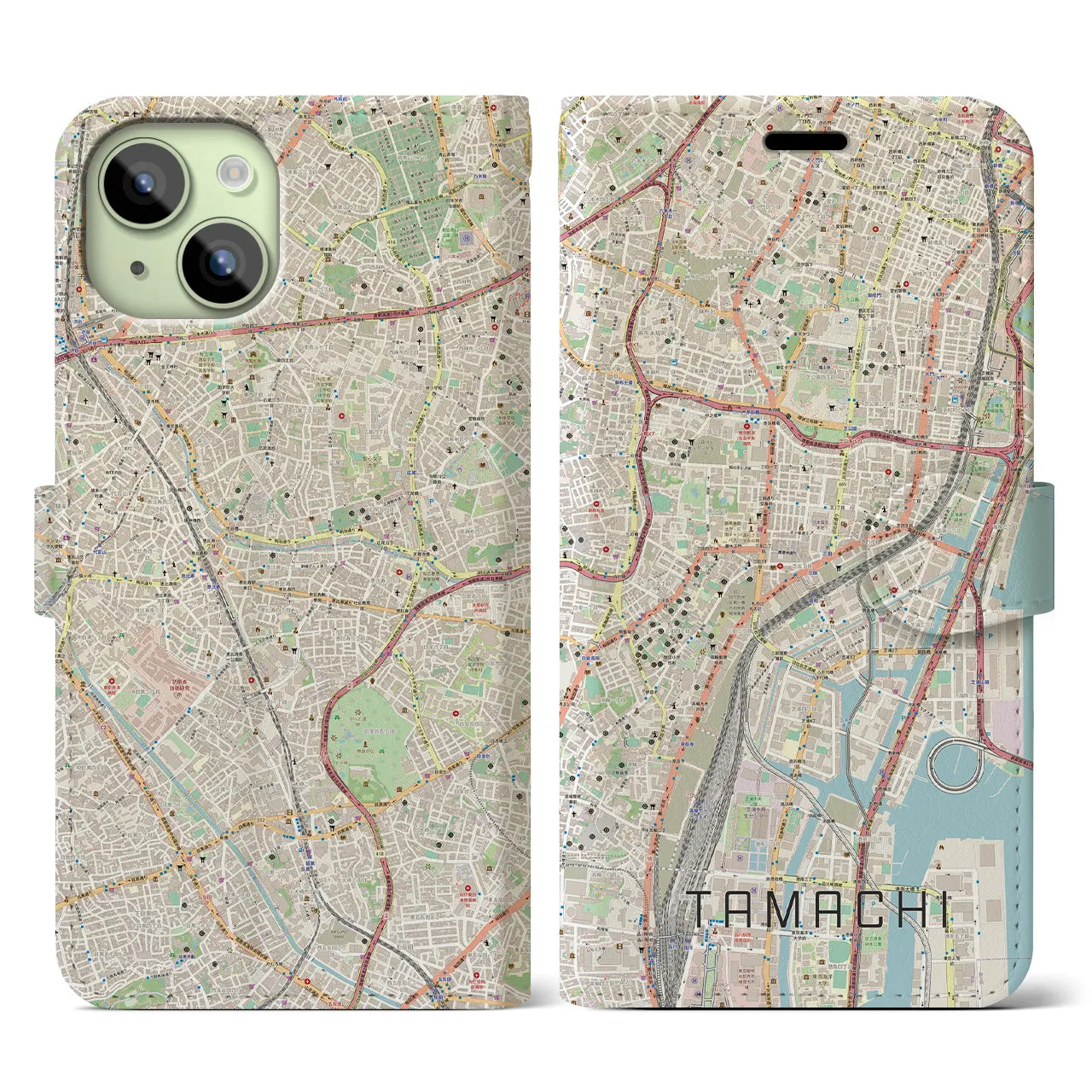 【田町】地図柄iPhoneケース（手帳両面タイプ・ナチュラル）iPhone 15 用