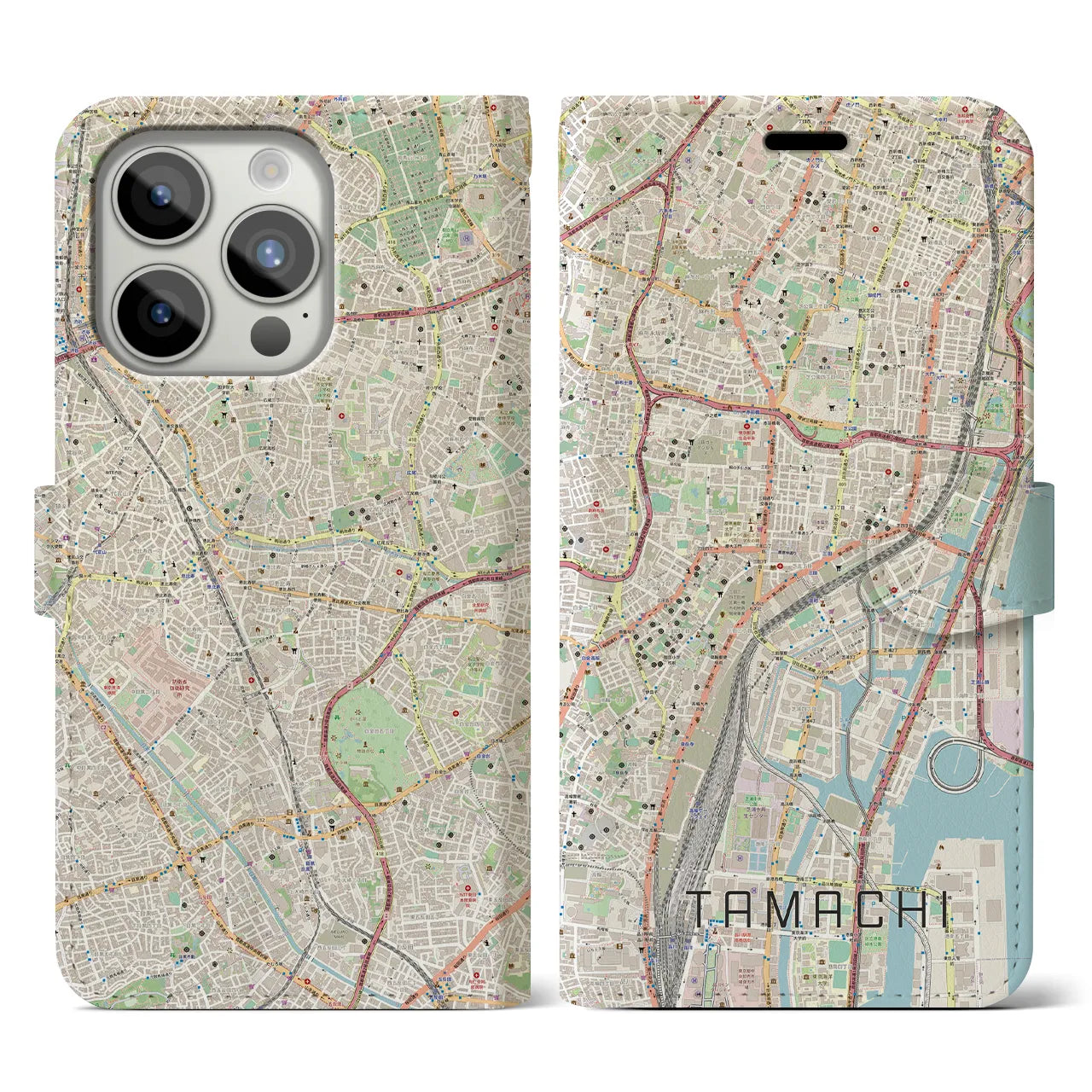 【田町】地図柄iPhoneケース（手帳両面タイプ・ナチュラル）iPhone 15 Pro 用