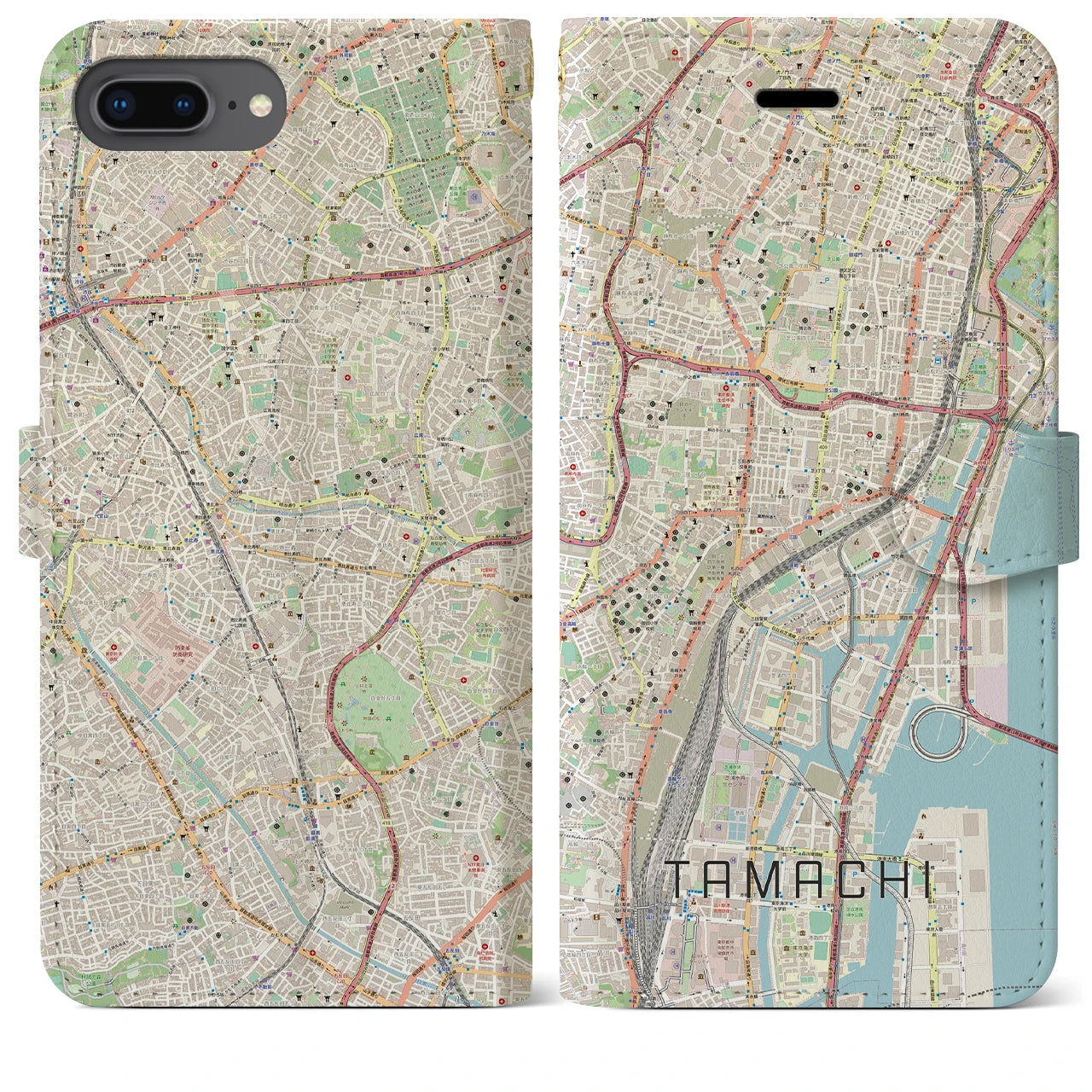 【田町】地図柄iPhoneケース（手帳両面タイプ・ナチュラル）iPhone 8Plus /7Plus / 6sPlus / 6Plus 用