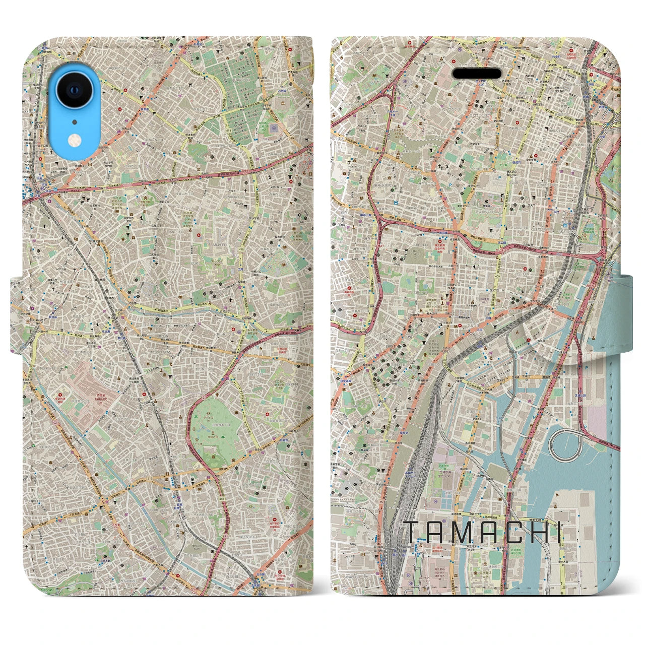 【田町】地図柄iPhoneケース（手帳両面タイプ・ナチュラル）iPhone XR 用