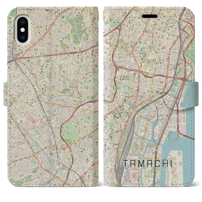 【田町（東京都）】地図柄iPhoneケース（手帳タイプ）ナチュラル・iPhone XS Max 用