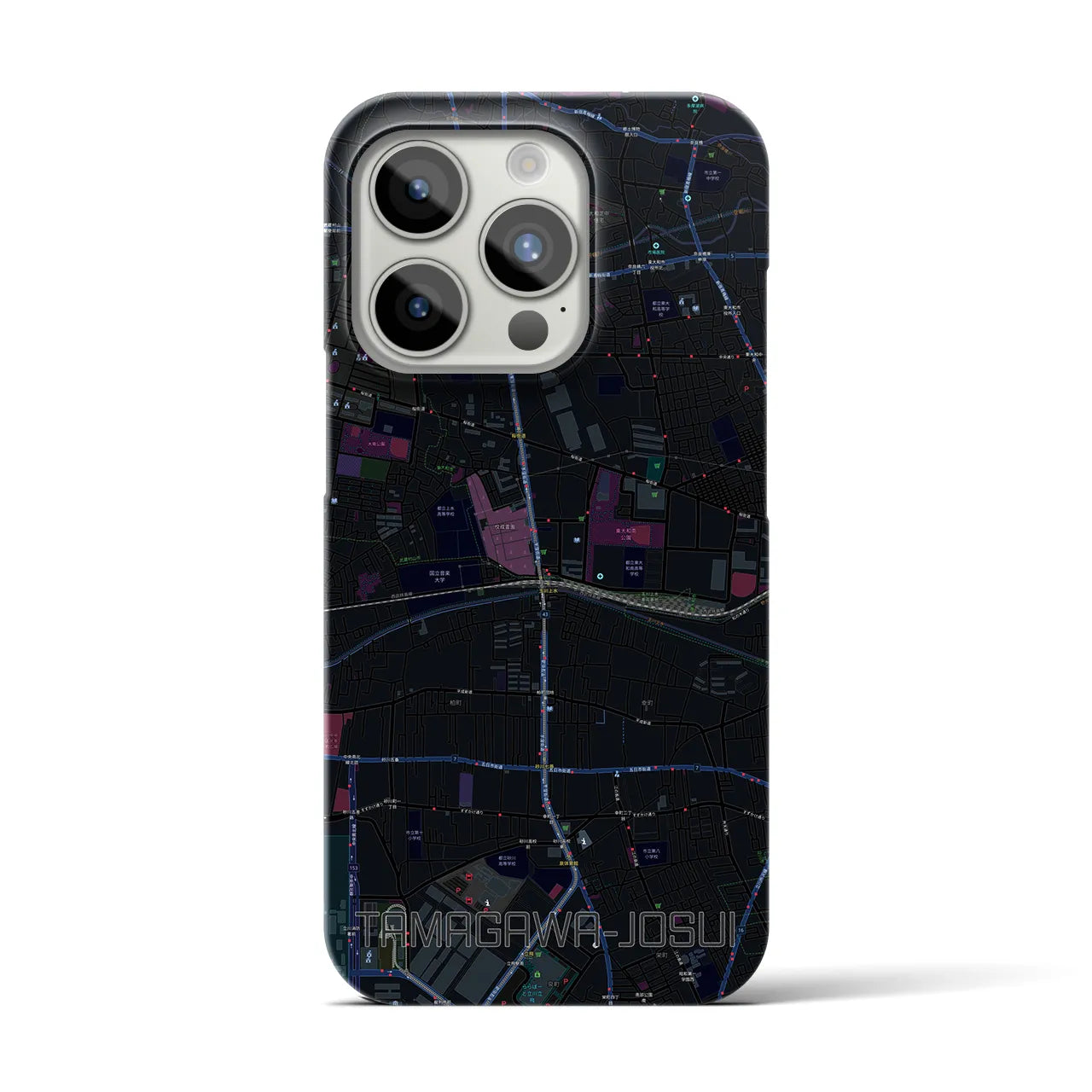 【玉川上水】地図柄iPhoneケース（バックカバータイプ・ブラック）iPhone 15 Pro 用