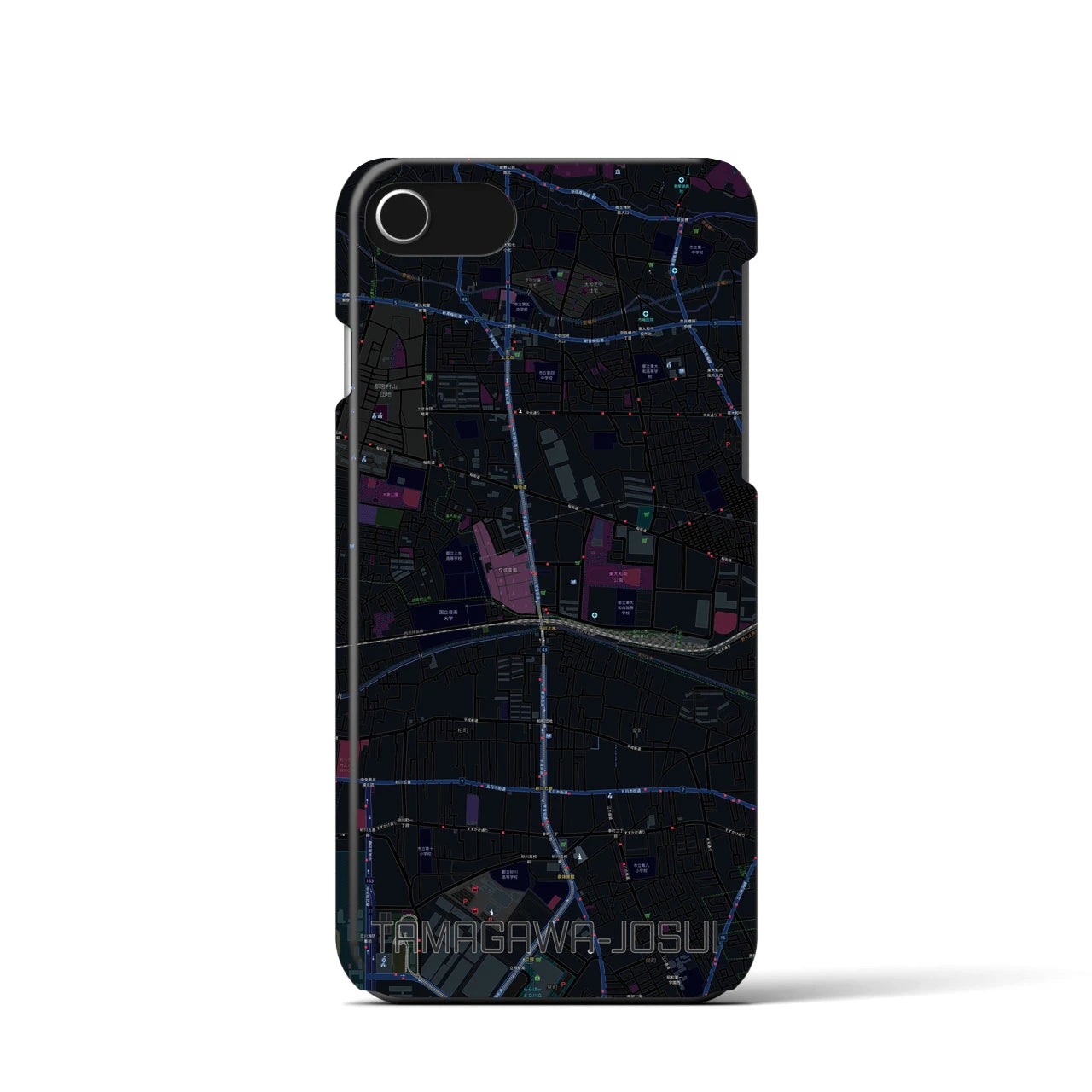 【玉川上水】地図柄iPhoneケース（バックカバータイプ・ブラック）iPhone SE（第3 / 第2世代） / 8 / 7 / 6s / 6 用