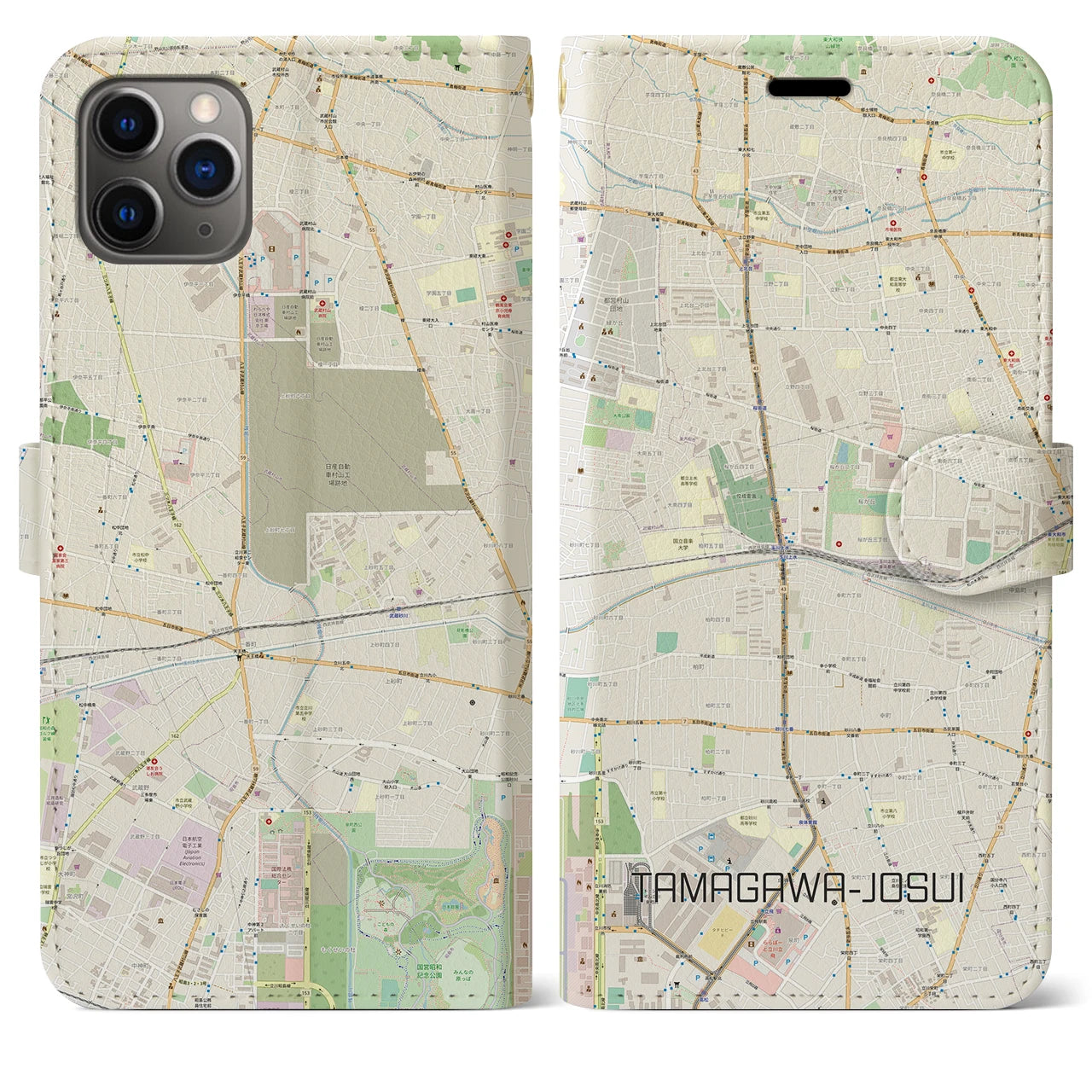【玉川上水】地図柄iPhoneケース（手帳両面タイプ・ナチュラル）iPhone 11 Pro Max 用