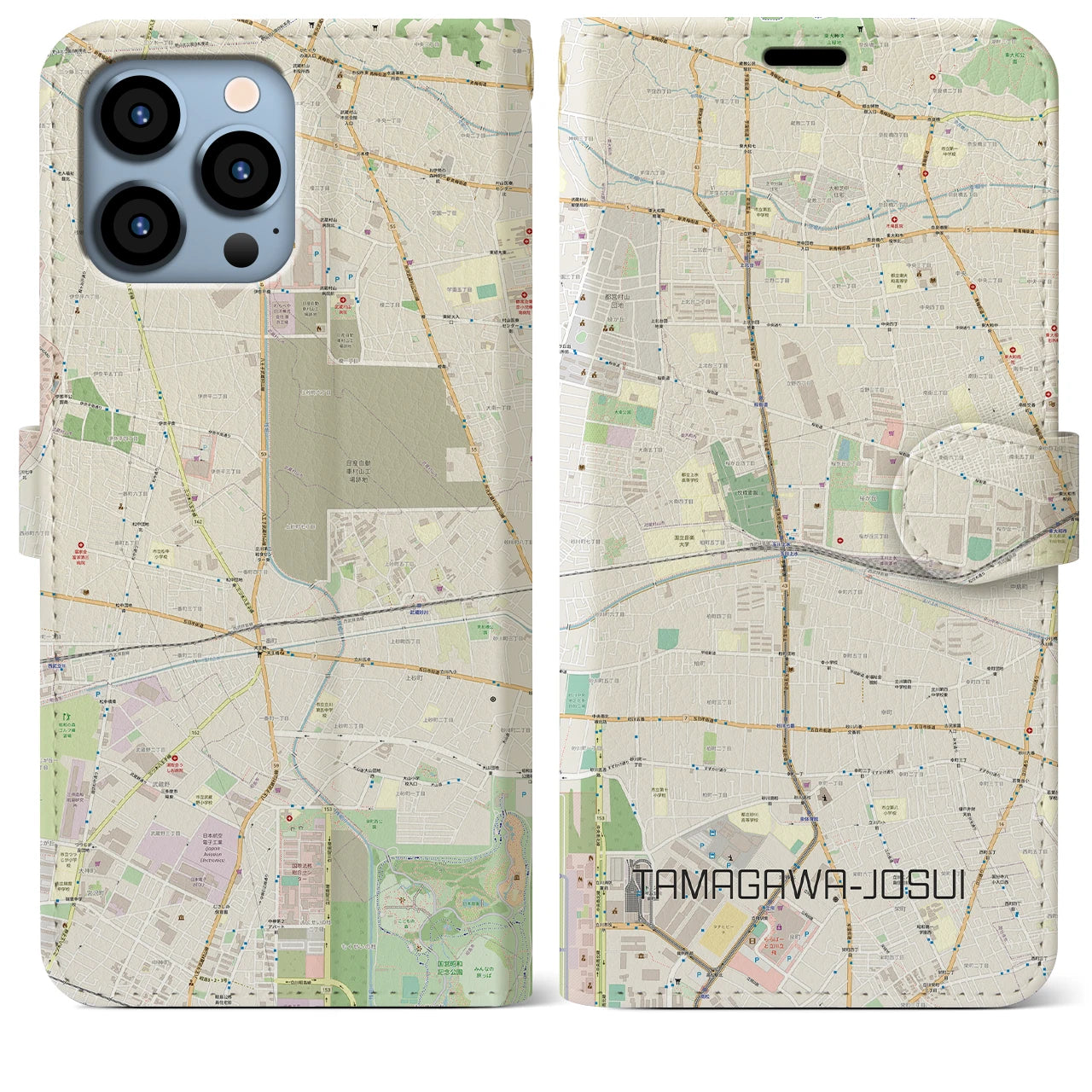 【玉川上水】地図柄iPhoneケース（手帳両面タイプ・ナチュラル）iPhone 13 Pro Max 用