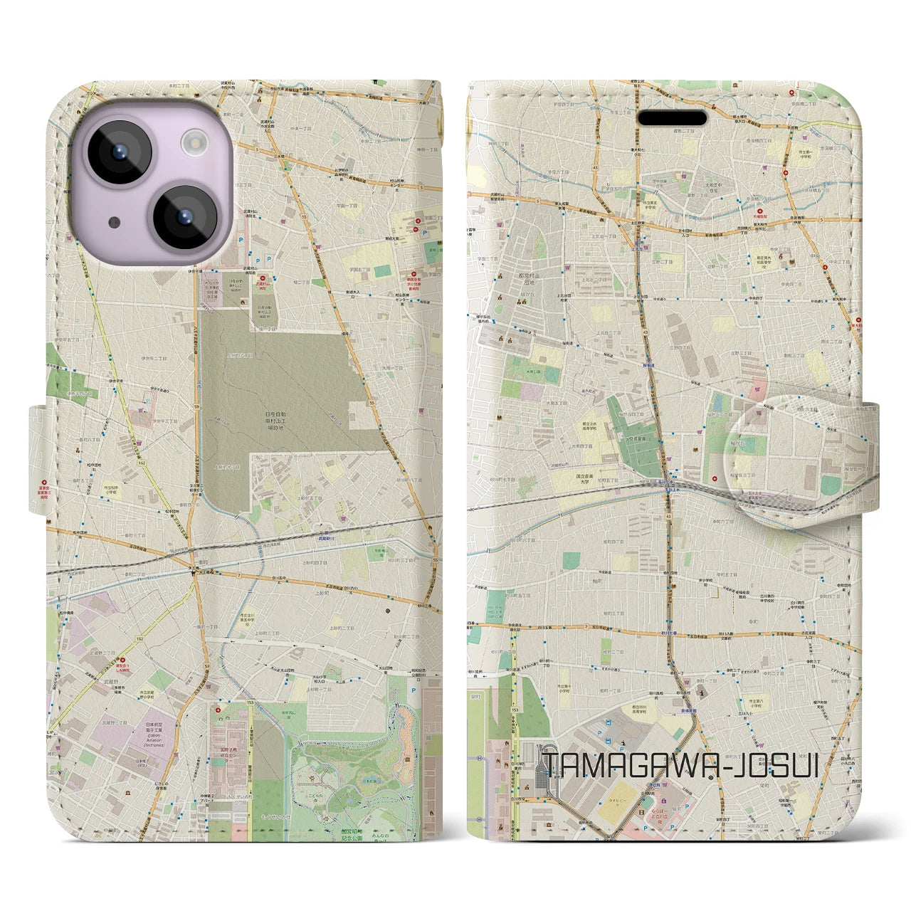 【玉川上水】地図柄iPhoneケース（手帳両面タイプ・ナチュラル）iPhone 14 用