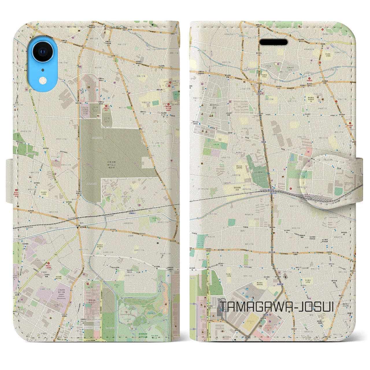 【玉川上水】地図柄iPhoneケース（手帳両面タイプ・ナチュラル）iPhone XR 用
