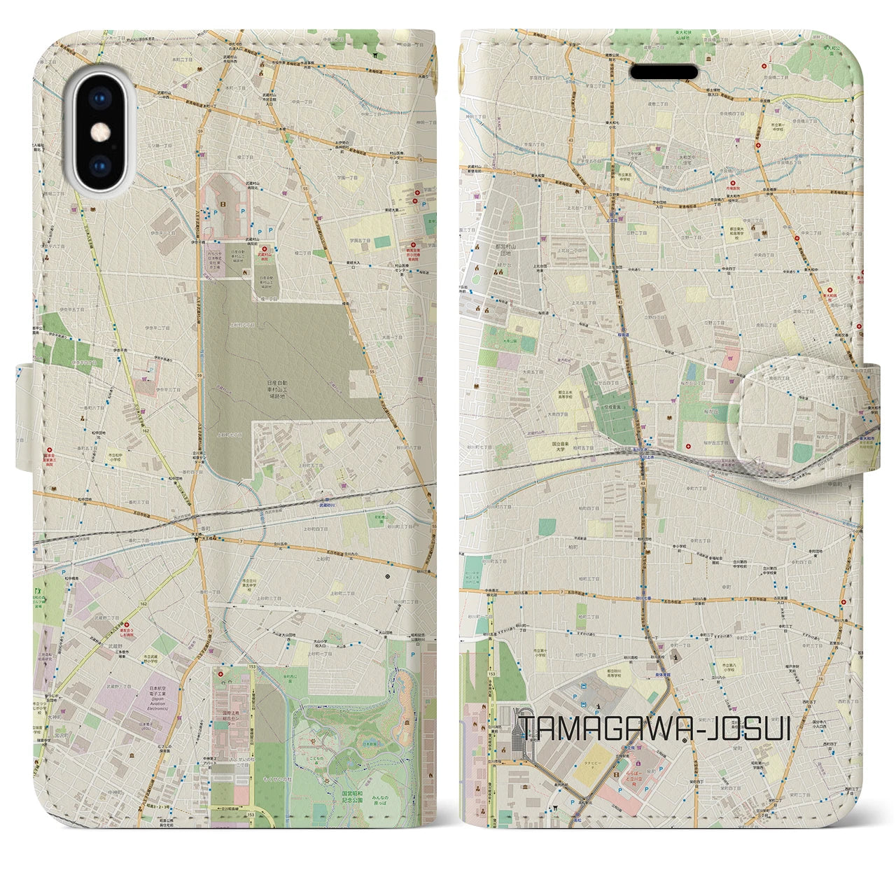 【玉川上水】地図柄iPhoneケース（手帳両面タイプ・ナチュラル）iPhone XS Max 用