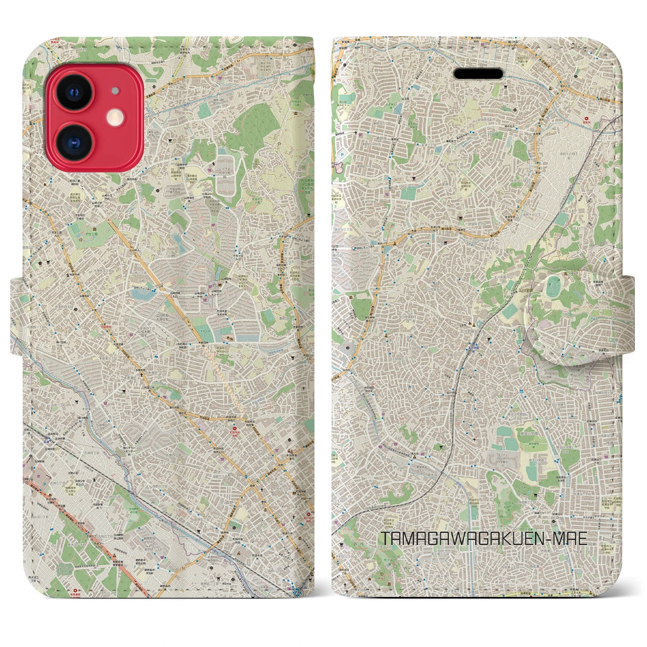 【玉川学園前】地図柄iPhoneケース（手帳両面タイプ・ナチュラル）iPhone 11 用