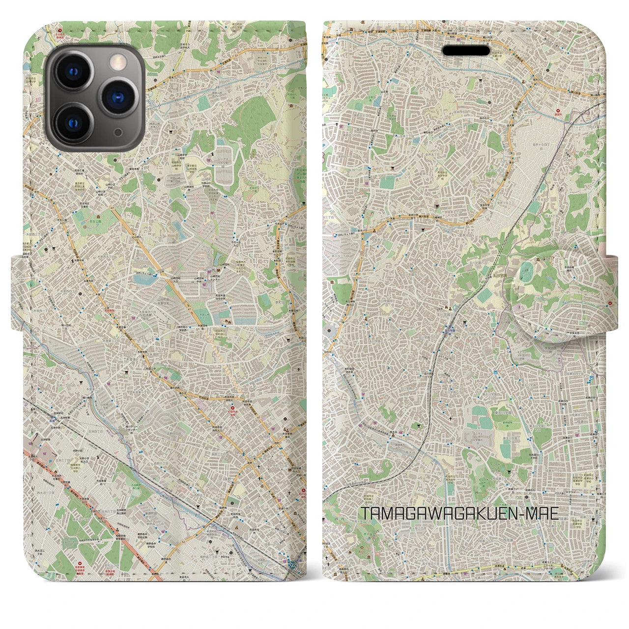 【玉川学園前】地図柄iPhoneケース（手帳両面タイプ・ナチュラル）iPhone 11 Pro Max 用