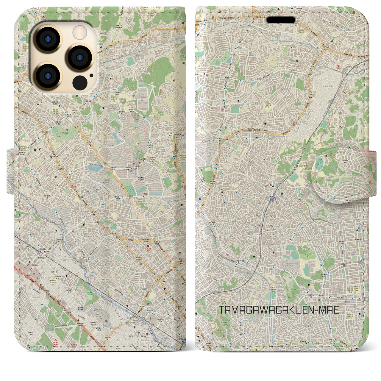 【玉川学園前】地図柄iPhoneケース（手帳両面タイプ・ナチュラル）iPhone 12 Pro Max 用