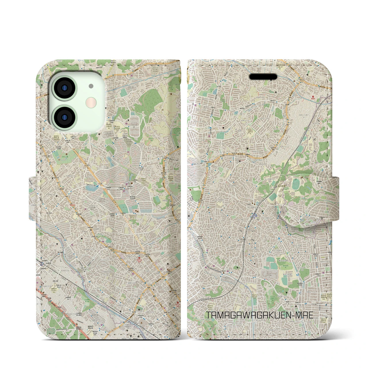 【玉川学園前】地図柄iPhoneケース（手帳両面タイプ・ナチュラル）iPhone 12 mini 用