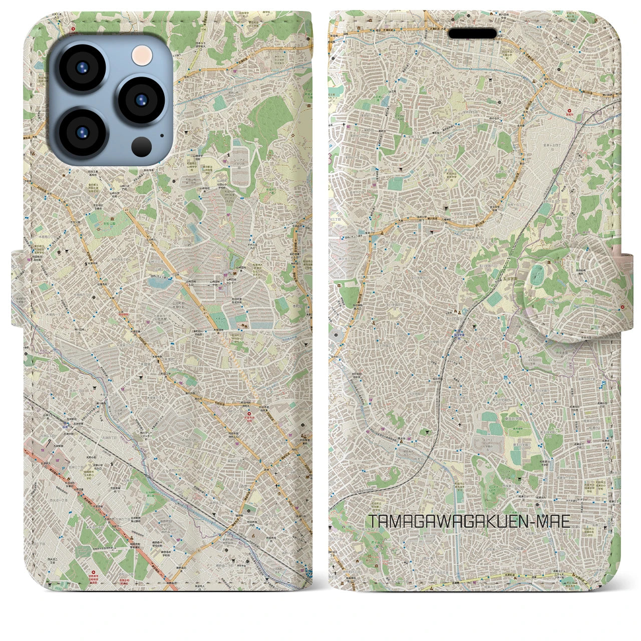 【玉川学園前】地図柄iPhoneケース（手帳両面タイプ・ナチュラル）iPhone 13 Pro Max 用