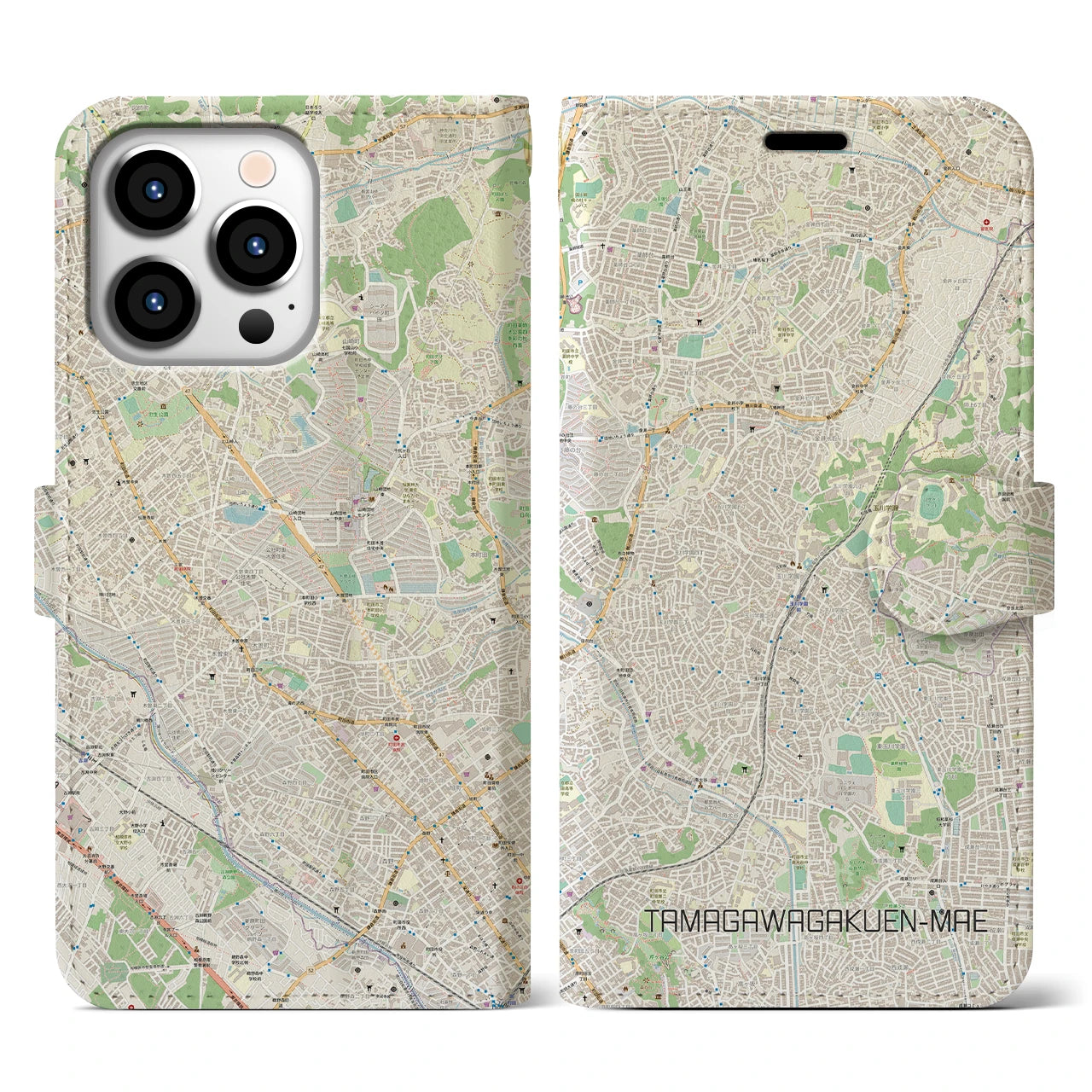 【玉川学園前】地図柄iPhoneケース（手帳両面タイプ・ナチュラル）iPhone 13 Pro 用